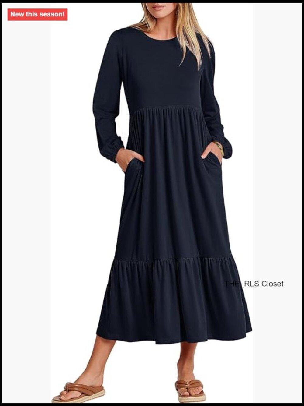 Long Sleeve Midi Dress with Pockets, Crewneck A-Line Tiered Flowy Loose